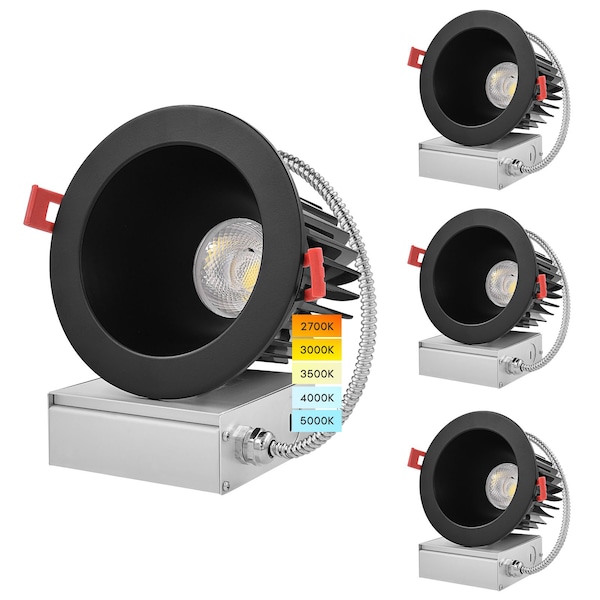 Luxrite 4 Inch Regressed LED Recessed Downlight 5CCT 2700K-5000K 18W 1500LM Dimmable Wet Rated Black, 4PK LR24930 LR24935-4PK - main
